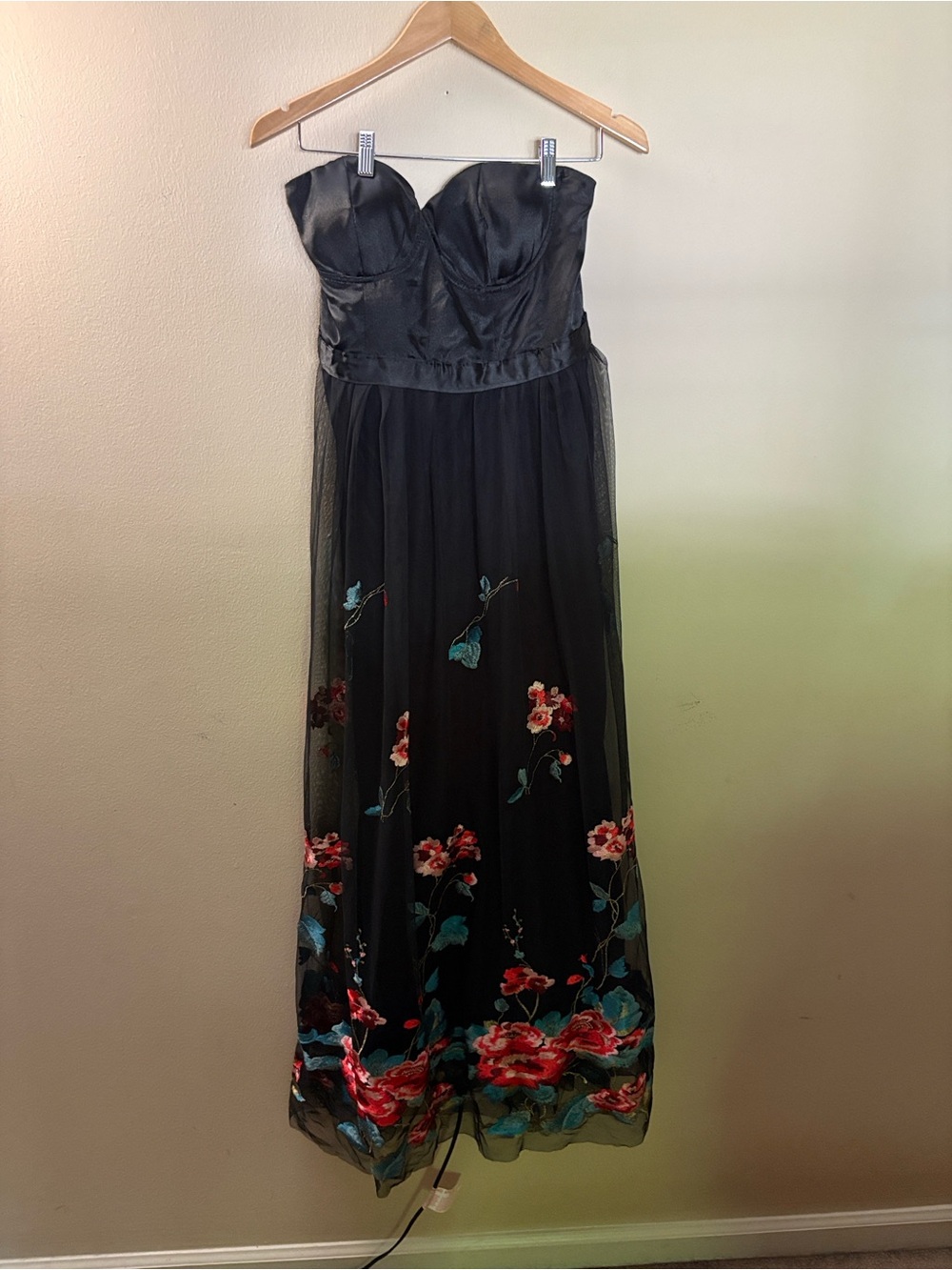 Strapless Black Floral Embroidered Maxi Dress